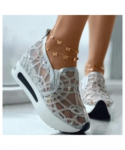 Ladies Fashion Breathable Knitted Mesh Pointed Flat Bottomed Casual Single Shoes Women Shoes Summer Wedge (Silver, 6.5) 9 Sil...