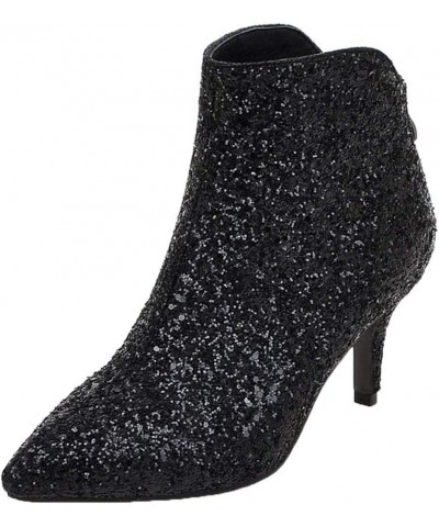 Womens High Heel Glitter Ankle Boots Zip Up Pointy Toe Wedding Party Booties Black $33.58 Boots