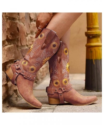 Women Sunflower Embroidered Cowgirl Boots Square Toe Retro Western Boots Chunky Heels Pull On Mid Calf Booties Brown $23.52 B...