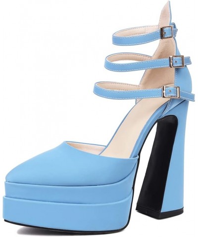 Womens Platform Chunky High Block Heels Ankle Strap Buckles Wedge Dress Pumps 14 Blue $23.08 Pumps