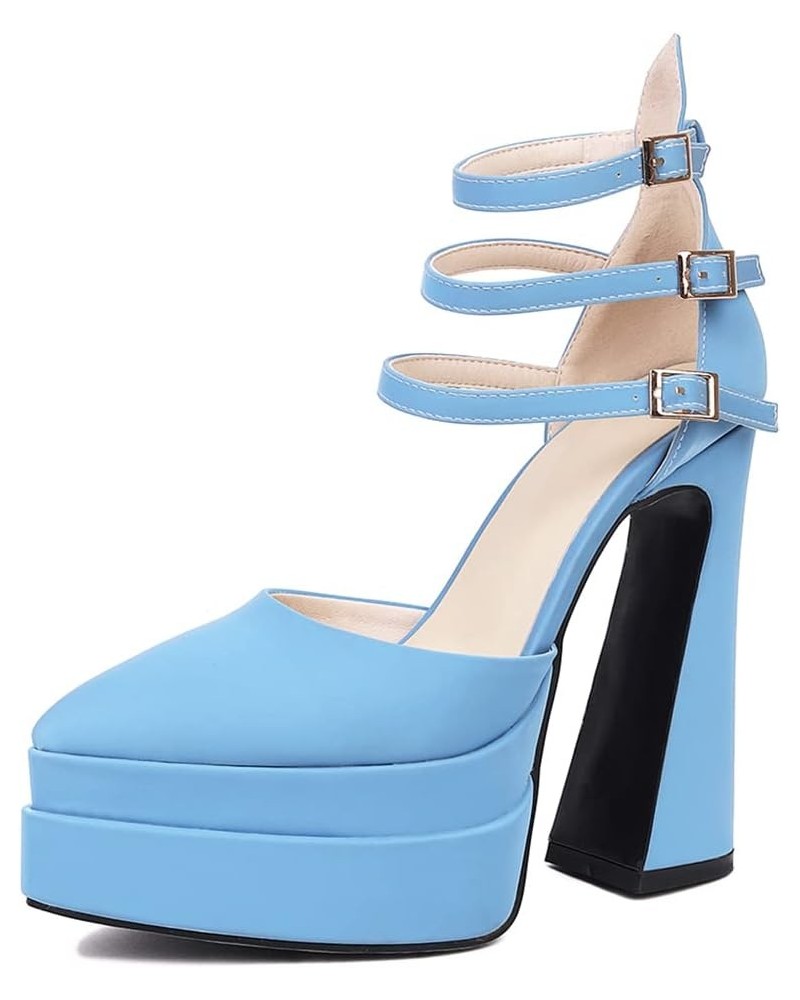 Womens Platform Chunky High Block Heels Ankle Strap Buckles Wedge Dress Pumps 14 Blue $23.08 Pumps