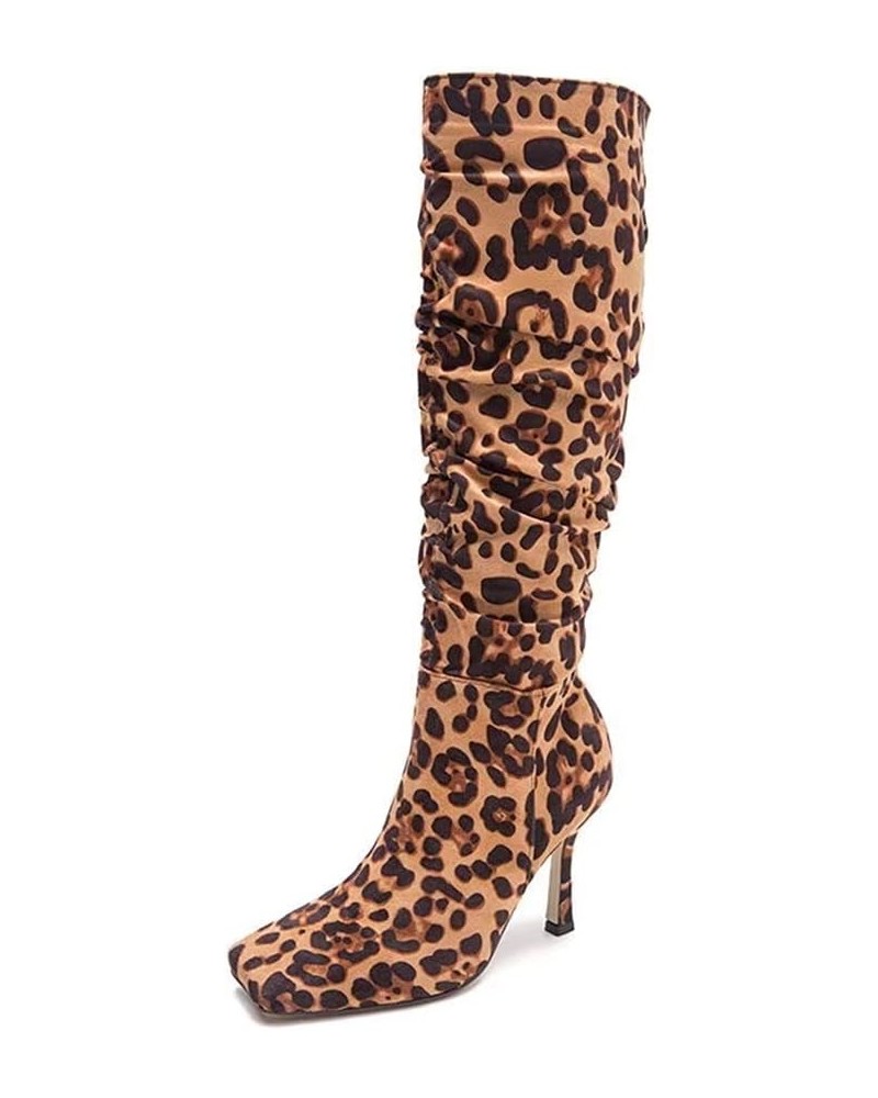 Women's Colorful Square Toe Zipper Knee High Boots Fashion Party Dress Boots Leopard Yellow $23.24 Boots