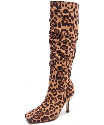 Women's Colorful Square Toe Zipper Knee High Boots Fashion Party Dress Boots Leopard Yellow $23.24 Boots