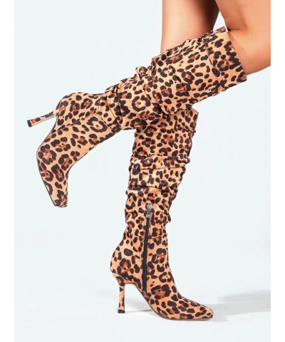 Women's Colorful Square Toe Zipper Knee High Boots Fashion Party Dress Boots Leopard Yellow $23.24 Boots