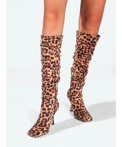 Women's Colorful Square Toe Zipper Knee High Boots Fashion Party Dress Boots Leopard Yellow $23.24 Boots