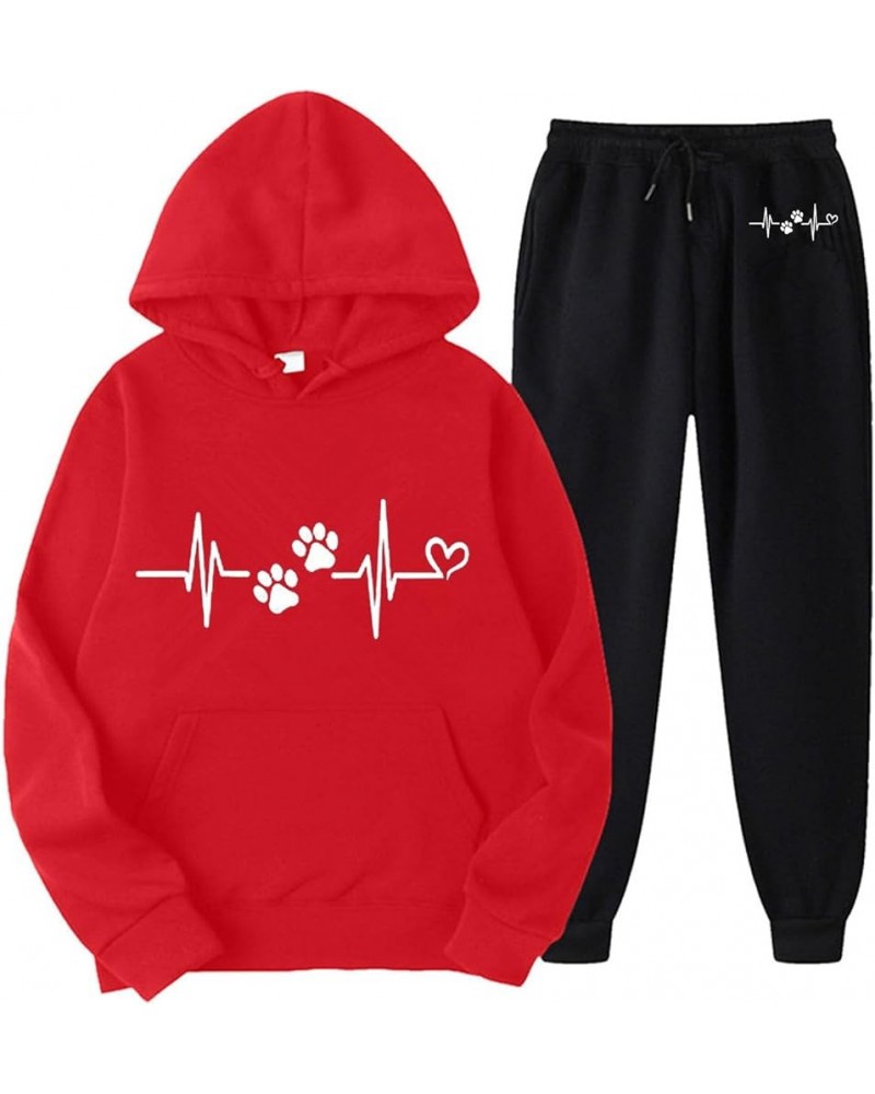 Women‘s Pant Sets Two Piece Outfits Heart Print Cute Matching Set Long Sleeve Hoodie Plus Size Trendy Sweatsuits Red - 2024 P...