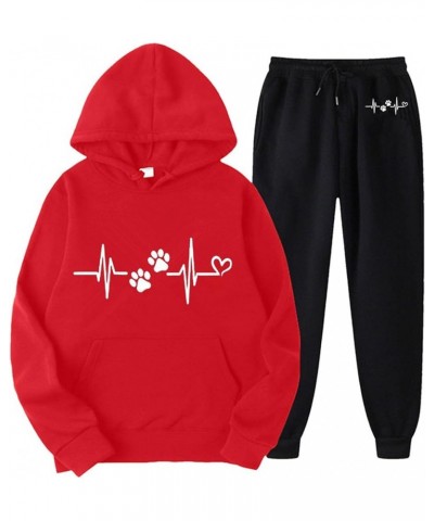 Women‘s Pant Sets Two Piece Outfits Heart Print Cute Matching Set Long Sleeve Hoodie Plus Size Trendy Sweatsuits Red - 2024 P...