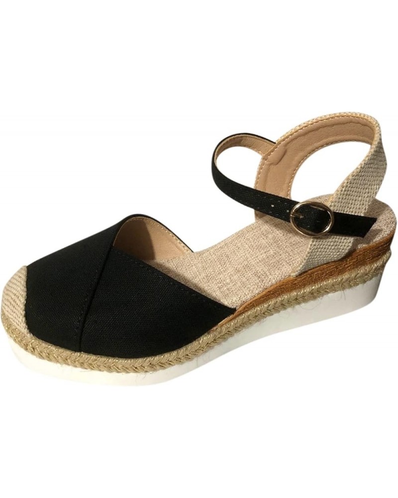 Espadrille Sandals for Women,Women Wedge Platform Sandals Linen Closed Toe Slingback Ankle Strap Cute Dressy Sandals Black $1...