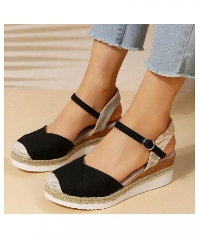 Espadrille Sandals for Women,Women Wedge Platform Sandals Linen Closed Toe Slingback Ankle Strap Cute Dressy Sandals Black $1...