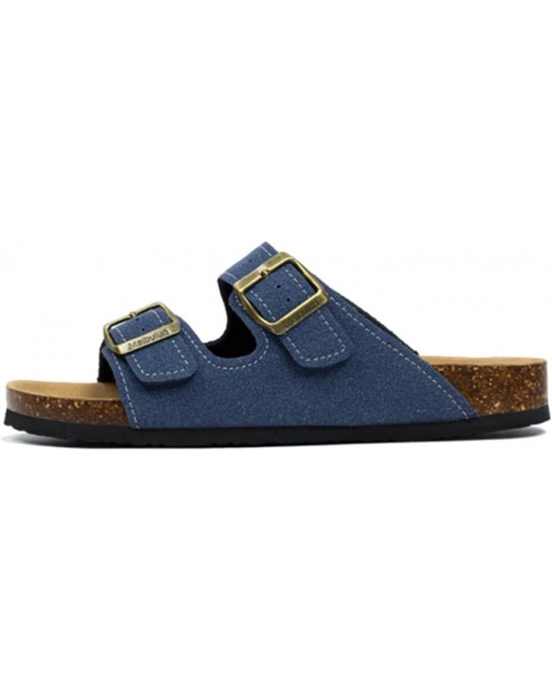 Men's Women's Cow Suede Leather Sandals 2-Strap Adjustable Buckle Comfort Cork Slippers Blue $16.15 Sandals