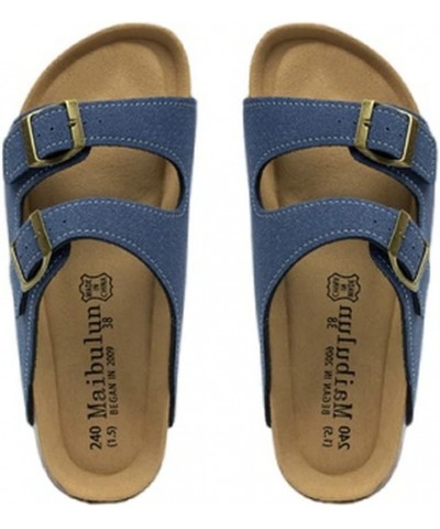 Men's Women's Cow Suede Leather Sandals 2-Strap Adjustable Buckle Comfort Cork Slippers Blue $16.15 Sandals