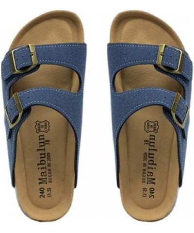 Men's Women's Cow Suede Leather Sandals 2-Strap Adjustable Buckle Comfort Cork Slippers Blue $16.15 Sandals