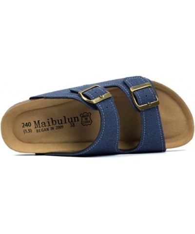 Men's Women's Cow Suede Leather Sandals 2-Strap Adjustable Buckle Comfort Cork Slippers Blue $16.15 Sandals