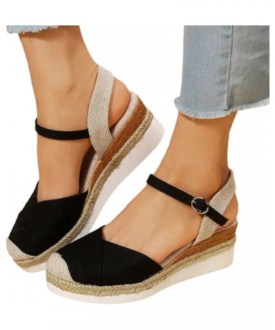 Espadrille Sandals for Women,Women Wedge Platform Sandals Linen Closed Toe Slingback Ankle Strap Cute Dressy Sandals Black $1...