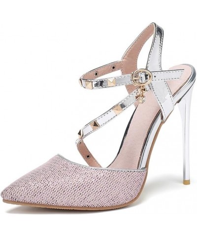 Womens LC1681 Clasp Stiletto Pointed Toe Microfiber Low Stiletto Sandals Pink $40.49 Sandals