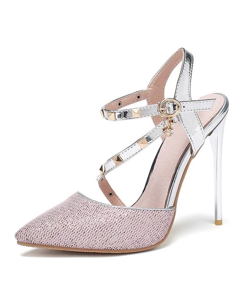 Womens LC1681 Clasp Stiletto Pointed Toe Microfiber Low Stiletto Sandals Pink $40.49 Sandals