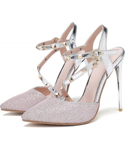 Womens LC1681 Clasp Stiletto Pointed Toe Microfiber Low Stiletto Sandals Pink $40.49 Sandals