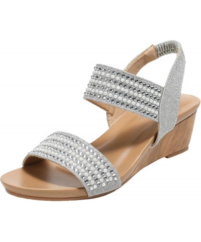 wedge sandals for women, Elastic Ankle Strap Rhinestone Flatform, comfortable summer beach walking sandals Silver $15.27 Sandals