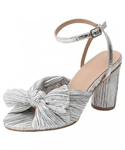 Chunky Heeled Sandals for Women, Pleated Bow Knot Ankle Strap Open Toe Sandals Bridal Wedding,Silver,12 $30.24 Sandals