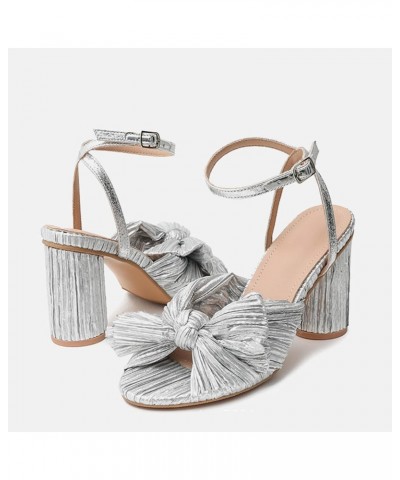 Chunky Heeled Sandals for Women, Pleated Bow Knot Ankle Strap Open Toe Sandals Bridal Wedding,Silver,12 $30.24 Sandals