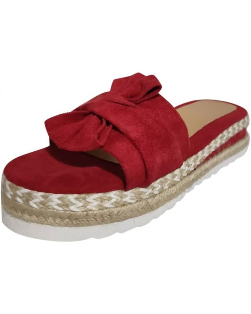 wedge sandals for women, Open Toe with bow Espadrille Sandal Platform Sandals, summer Comfortable Wedge Sandal Red $10.28 San...