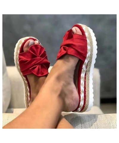 wedge sandals for women, Open Toe with bow Espadrille Sandal Platform Sandals, summer Comfortable Wedge Sandal Red $10.28 San...