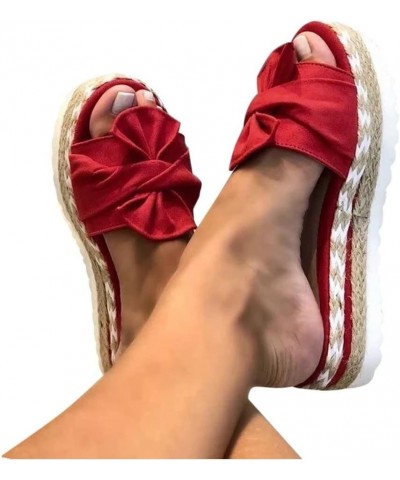 wedge sandals for women, Open Toe with bow Espadrille Sandal Platform Sandals, summer Comfortable Wedge Sandal Red $10.28 San...