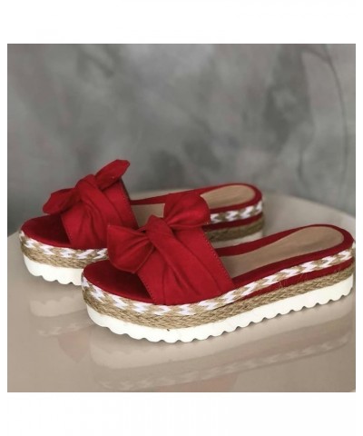 wedge sandals for women, Open Toe with bow Espadrille Sandal Platform Sandals, summer Comfortable Wedge Sandal Red $10.28 San...