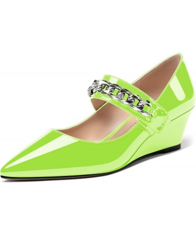 Women's Dating Fashion Velcro Pointed Toe Solid Patent Self Tie Mary Jane Wedge Low Heel Pumps Shoes 2 Inch Lime Green $38.24...