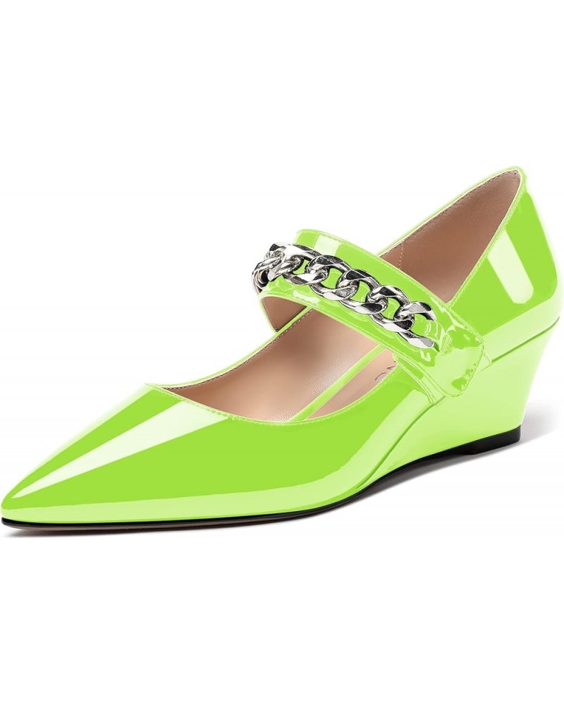 Women's Dating Fashion Velcro Pointed Toe Solid Patent Self Tie Mary Jane Wedge Low Heel Pumps Shoes 2 Inch Lime Green $38.24...