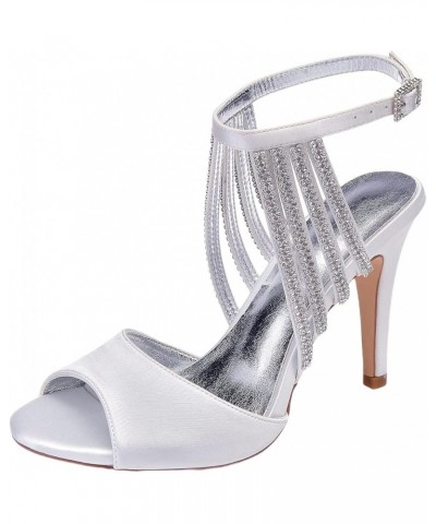 Womens Unique Rhinestone Sandals Silver Satin Wedding High Heeled Bride Dress Party Evening Shoes 10.5CM Job Ankle Strap Shoe...