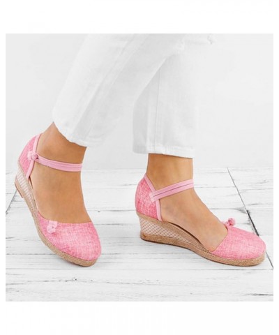 Women Dress Sandals Comfortable Closed Toe Breathable Platform Sandals Button Ankle Strap Slope Heel Summer Sandals 14-pink $...