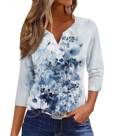 3/4 Sleeve T Shirts for Women Printed V Neck Blouses Button Down Summer Tshirt Dressy Casual Loose Tunic Tops 4-blue $9.45 Fa...