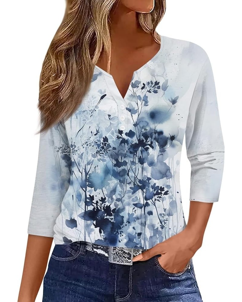 3/4 Sleeve T Shirts for Women Printed V Neck Blouses Button Down Summer Tshirt Dressy Casual Loose Tunic Tops 4-blue $9.45 Fa...