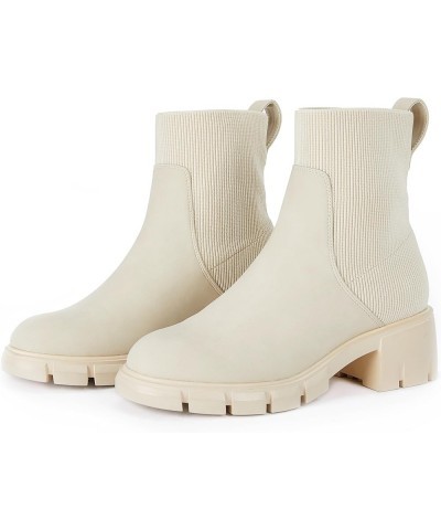 Womens Platform Lug Sole Ankle Boots Chunky Block Heel Fall Booties Elastic Slip on Combat Shoes Beige $24.35 Boots