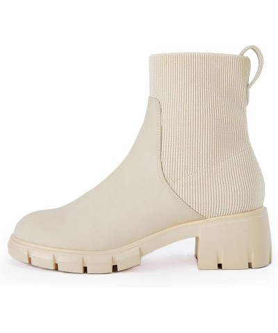 Womens Platform Lug Sole Ankle Boots Chunky Block Heel Fall Booties Elastic Slip on Combat Shoes Beige $24.35 Boots