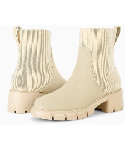 Womens Platform Lug Sole Ankle Boots Chunky Block Heel Fall Booties Elastic Slip on Combat Shoes Beige $24.35 Boots