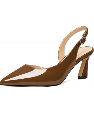 Women Slingback Low Kitten Heel Pumps 2.5 Inch Pointed Toe Spool Heel Sandals Backstrap Leather Shoes Patent Brown $26.09 Pumps