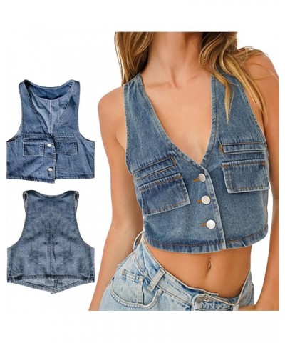 Closet Staples for Women Short Slim Fit Strap Style Denim Vest Top Mountain State Top Women 7-blue - Women Fashion Denim Vest...