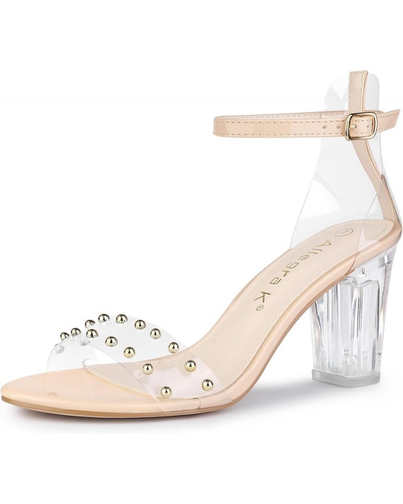 Women's Clear Block Heel Ankle Strap Heeled Sandals Beige $20.70 Sandals