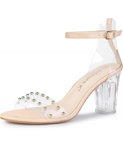 Women's Clear Block Heel Ankle Strap Heeled Sandals Beige $20.70 Sandals