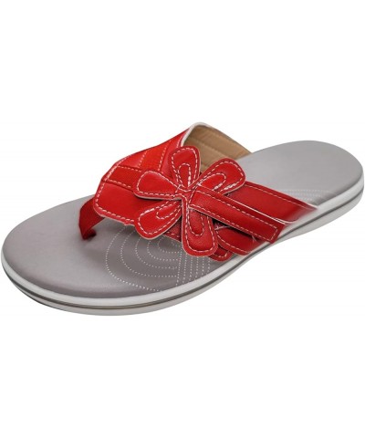 Flower Decor Thong Sandals for Women Breathable Round Toe Slip on Flip Flops Fashion Casual Non Slip Arch Support 7 Red $11.1...