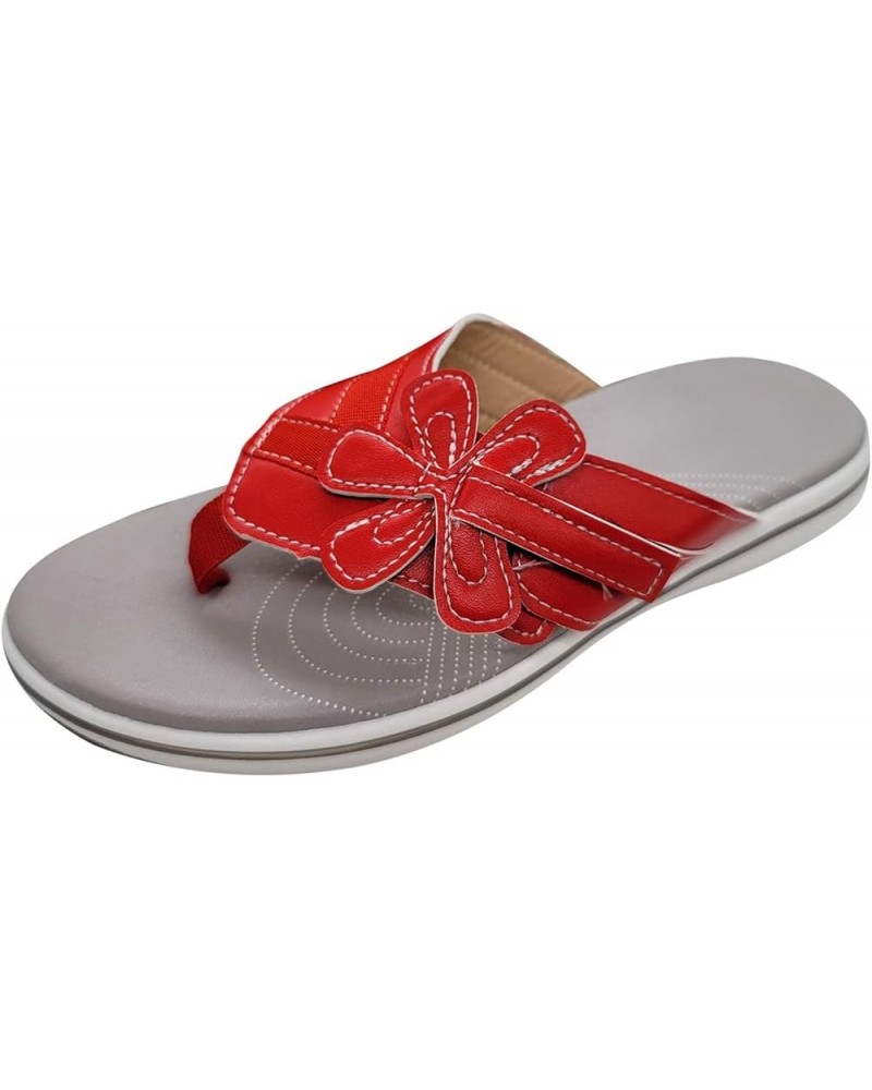 Flower Decor Thong Sandals for Women Breathable Round Toe Slip on Flip Flops Fashion Casual Non Slip Arch Support 7 Red $11.1...