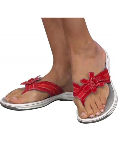 Flower Decor Thong Sandals for Women Breathable Round Toe Slip on Flip Flops Fashion Casual Non Slip Arch Support 7 Red $11.1...