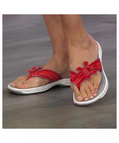 Flower Decor Thong Sandals for Women Breathable Round Toe Slip on Flip Flops Fashion Casual Non Slip Arch Support 7 Red $11.1...