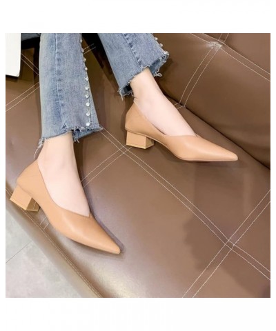 Woman Slipon Lightweight Elegant Mid Block Heels Pumps Shoe Simple for Ladies Daily Office Walking Wear Pointy Toe Pump Apric...