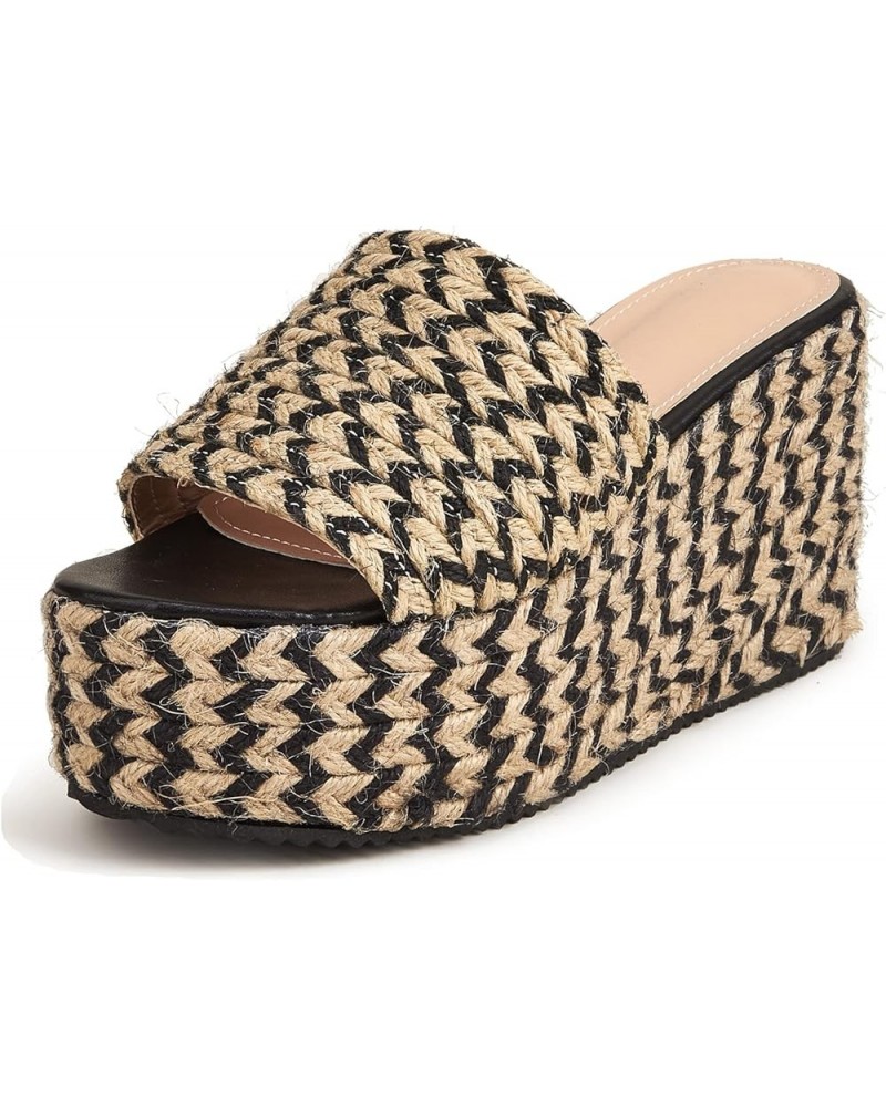 Women Fashion Jute Wrapped Platform Sandals Cushion Wedge Chunky High Heels Beach Sunny Slides Black $28.55 Sandals