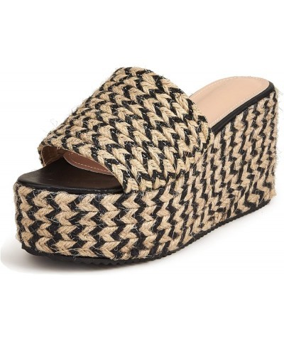 Women Fashion Jute Wrapped Platform Sandals Cushion Wedge Chunky High Heels Beach Sunny Slides Black $28.55 Sandals