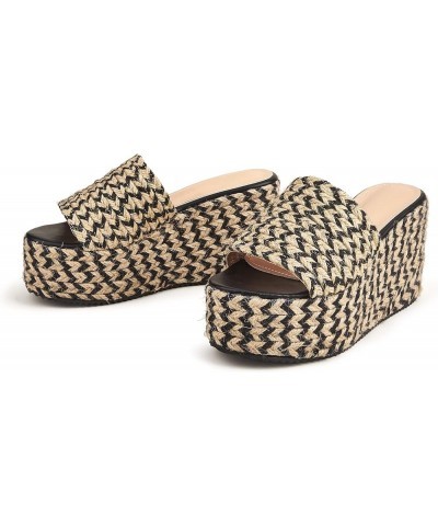 Women Fashion Jute Wrapped Platform Sandals Cushion Wedge Chunky High Heels Beach Sunny Slides Black $28.55 Sandals