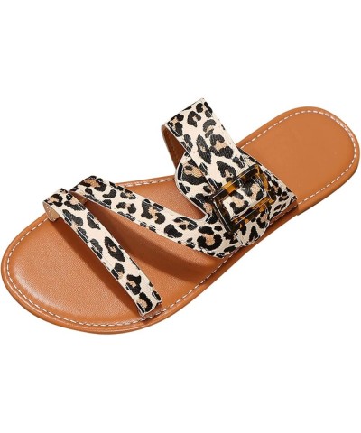 Leopard Print Sandals for Women Ladies Fashion Solid Leather Knitted Belt Buckle Flat Shoes Ladies Soft Sandals Khaki $20.07 ...